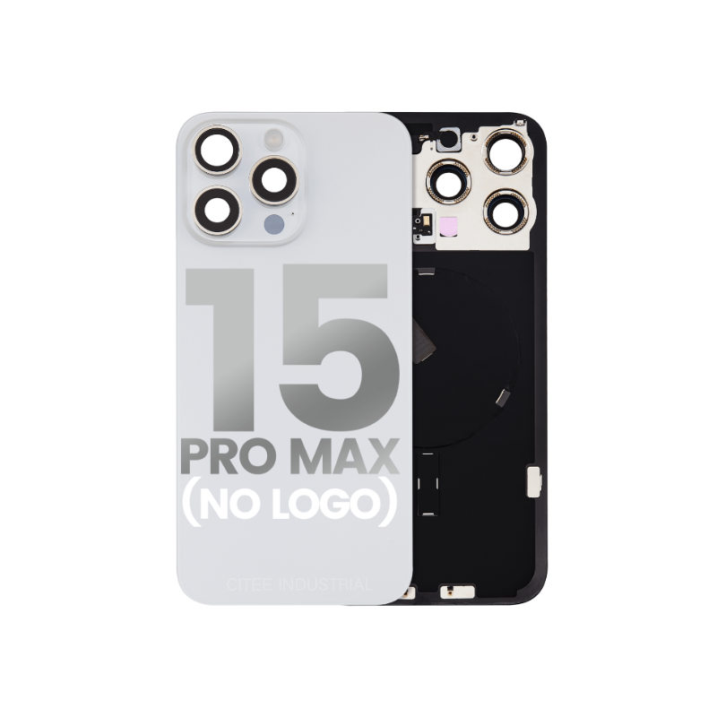 Back Glass With Steel Plate With Wireless NFC Charging MagSafe Magnet & Flashlight Flex Compatible For IPhone 15 Pro Max (No Logo) (White Titanium)